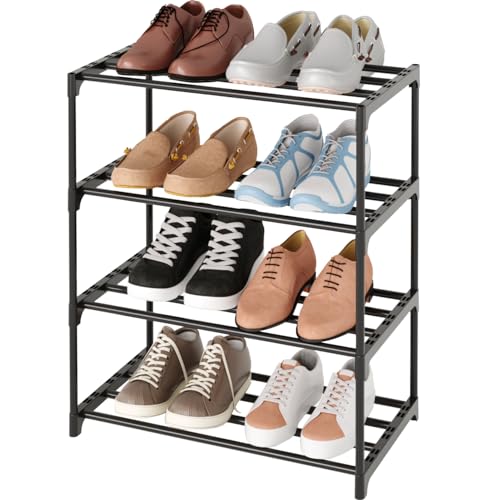 Metal Small Shoe Rack,Stackable Kids Shoe Stand,Narrow Shoe Storage Shelf for 8-10 Pairs of Shoes Entryway and Closet Hallway (4-Tier, Black) - color: Black, size: 4-Tier (no handle)