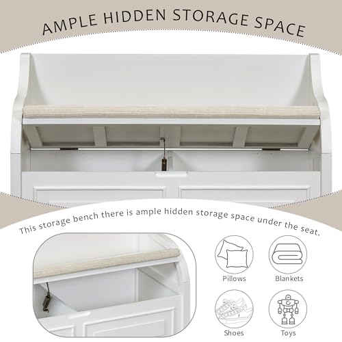 Knocbel Rustic Entry Storage Bench with Hidden Compartments and Removable Cushion, Wooden Entryway Hallway Foyer Shoe Bench Bedroom End of Bed Bench (White and Beige) - color: White and Beige