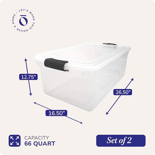 HOMZ 2-Pack Latching Lid, Large Clear Plastic Storage Bins with Lids, 66 Quart, Gray Latch - Stackable Container Boxes for Home, Bathroom, and Office Organization - color: Gray, size: 66 QT (2 Pack)