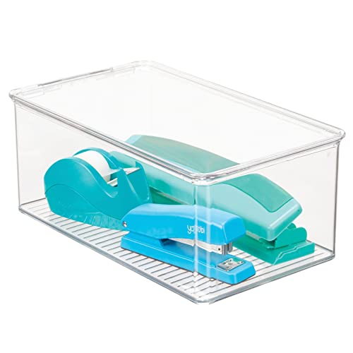 mDesign Plastic Stackable Home Office Storage Organizer Box with Hinge Lid - Holder Container Bin for Note Pads, Gel Pens, Staples, Dry Erase Markers, Tape, Supplies - Lumiere Collection - Clear - size: 12.75 x 7.25 x 5 (Pack of 1)