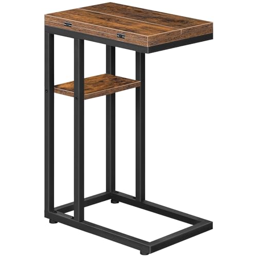 HOOBRO Foldable End Table, C Shaped Side Table with Storage Shelf, Small Snack Table Suitable for Living Room Bedroom Small Spaces, Easy Assembly, Rustic Brown BF29SF01 - color: Rustic Brown + Black