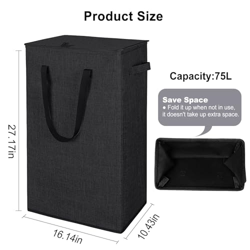 Odonata 75L Slim Laundry Hamper with Lid,Large Foldable Laundry Basket with Removable Bag and Handles Tall Collapsible Dirty Clothes Basket Great for Bedroom, Bathroom, Dorm, College,RV.(Black, 75L) - color: Black