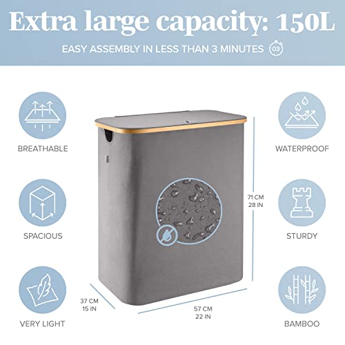 LONBET Laundry Basket with Lid, Made from Breathable Fabric | Aesthetic Clothes Hampers for Laundry with Side Handles & Sturdy Bamboo Frame (40 Gallons - Double, Gray) - color: Gray, style: 40 Gallons - Double