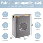 LONBET Laundry Basket with Lid, Made from Breathable Fabric | Aesthetic Clothes Hampers for Laundry with Side Handles & Sturdy Bamboo Frame (40 Gallons - Double, Gray) - color: Gray, style: 40 Gallons - Double