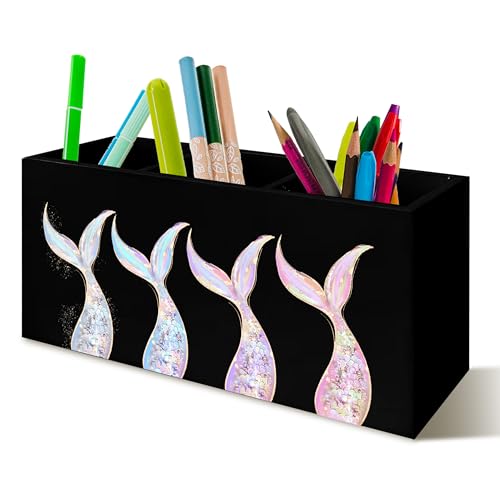 Mermaid Gifts for Girls Women, Pastel Mermaid Beach Pen Pencil Holder Organizer for Desk, Coastal Ocean Wooden Box Block Sign for Home Classroom Dorm Office Tabletop Decor（Black） - color: Black