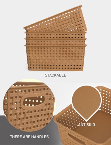 WYT 6-Pack Plastic Small Shelf Storage Weave Baskets Organizing for Cabinets and Pantries, Light Brown - color: Light Brown, size: 6-Pack