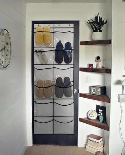 Clear Crystal 1 Pack 12Pockets Large Hanging Shoe Organizer Over The Door Shoe Rack for Closet Door Storage Shoe Holder Hanger, 4Hooks, White (59'' x 21.6'') - color: White-1