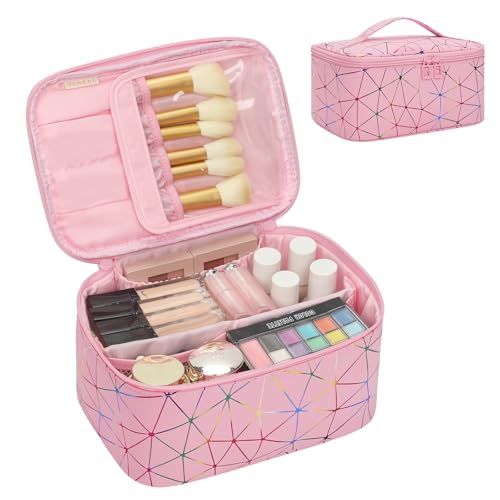 OCHEAL Makeup Bag - Portable Large Capacity Travel Cosmetic Case for Women with Handle and Divider Toiletry Organizer for Girls on the Go -Geometric Pink - color: 0021_Geometric Pink, size: Medium