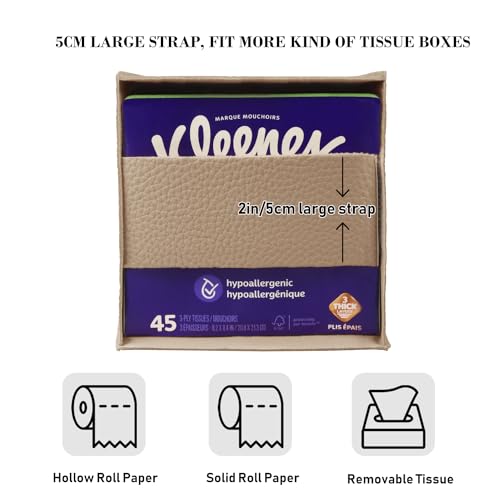 Tissue Box Cover Holder Square Tissue Cube Cover PU Leather Tissue Organizer with Bottom Belt for Bathroom, Tabletop, Car, Night Stands, Office, Home, Kitchen (2, SoftBeige) - color: Softbeige