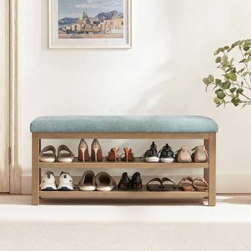 Zihanhome Shoe Rack Bench with Cushion, 2 Tier Solid Wood Storage Bench, Mid-Century Modern Shoe Bench for Entryway, Hallway, Closet, Front Door Entrance, Foyer (Teal, 46.5") - color: Teal, size: 46.5"