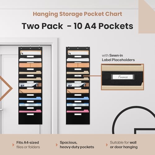 Hippo Creation Storage Pocket Chart for Classroom, 10 Pocket Storage Organizer with 6 Over-Door Hangers, Hanging Wall Organizer for File Folders, School Mailbox, Home Office Papers - Black, 2 Pack - color: Black - Pack of 2 (10 Name Tag Pockets)