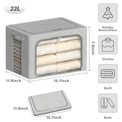 4 Pack Clothes Storage Bins with Metal Frame - 22L Stackable Storage Box with Lid，Foldable Storage Container Organizer for Clothes，Linen Fabric Storage Box with Clear Window＆Zippers＆Handles - color: Light Grey, size: 22L