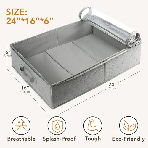 LotFancy Foldable Under Bed Storage Bags, Closet Organizers and Storage Bins, Clothes Blankets Organizer, with Clear Window and Reinforced Handles, 24” x 16” x 6", Pack of 2, Gray
