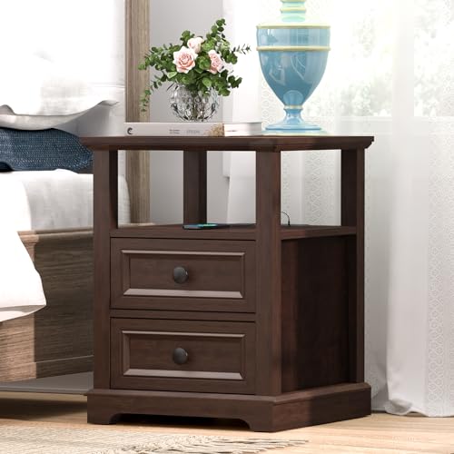 REDAYFUR 24" Tall End Table with Charging Station, Double 18W Fast Charge, Large 18" Bedside Table with Drawers, Rustic Wood Storage Cabinet with Open Shelf for Bedroom, Cherry - color: Cherry, size: 1 Piece