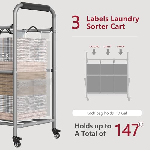 Tajsoon 3 Bag Laundry Sorter Cart, Laundry Hamper Sorter Basket with Heavy Duty Lockable Rolling Wheels for Clothes Storage, Grey & White - color: GreyWhite, size: 3 Bag