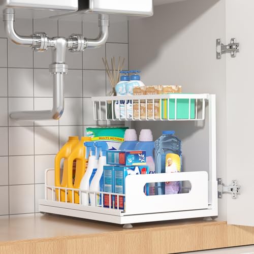 Under Sink Organizer 2 Tier, Pull Out Drawer Slides Under Sink Storage for Bathroom Kitchen,Multi-Purpose Drawer Under Cabinet Organizer for Cleaning Supplies (White, 1 Pack) - color: White, size: 1 Pack