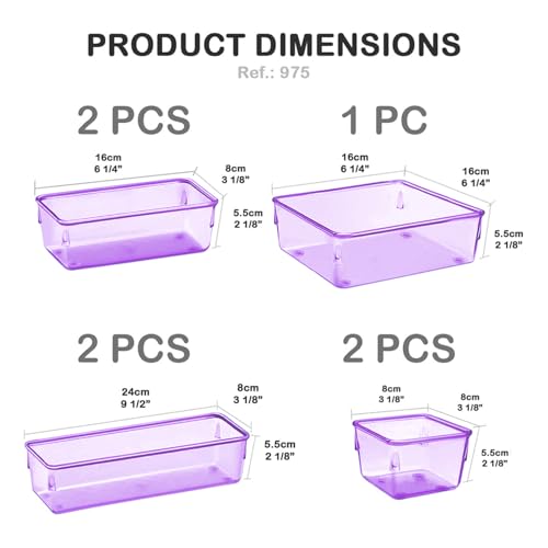 Acrimet Drawer Organizer Modular, Box Tray Storage Bins for Office, Home, Makeup, Kitchen, Junk Drawer (7 Units - 4 Sizes) (Clear Purple Plastic) - color: clear purple
