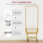 Tajsoon Laundry Cart with Wheels, Metal Rolling Laundry Hamper with Hanging Rack, Storage Basket and Shelf, Gold - color: Gold