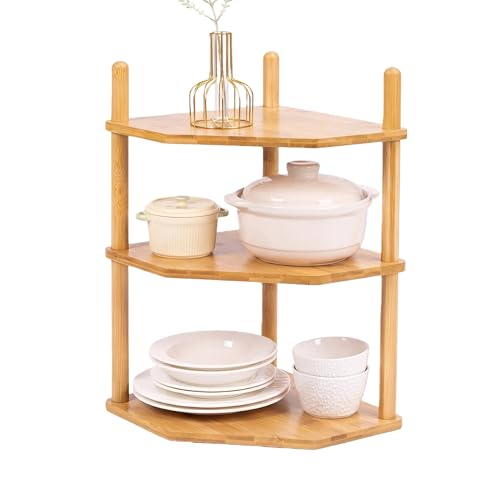 3-Tier Expandable Bamboo Corner Shelf - Dish/Plate Organizer for Cabinet, Kitchen Counter Shelf & Small Kitchen Shelf, Adjustable (Natural, 1-Pc 6.70" H) - color: 6.7"H-Natural-3