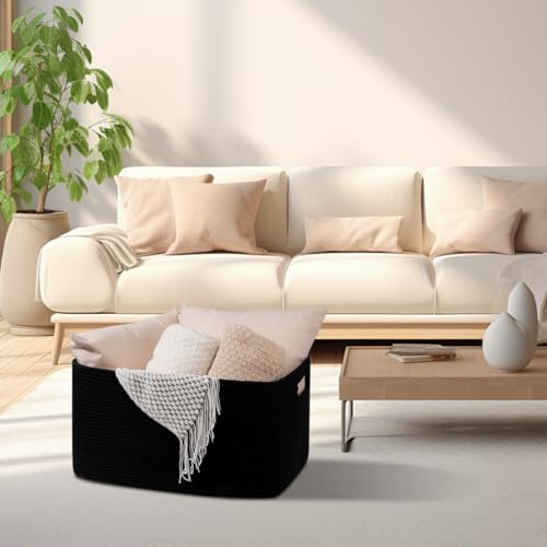 OIAHOMY 75L Large Blanket Basket, Storage Baskets with Handle, Rectangle Woven Cotton Rope Basket, Toy Organizer Bins, 22" x 17"x 12" in,Charcoal Black - color: Charcoal Black, size: 22”x17”x12”