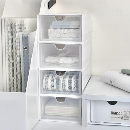 Feadily（4 Pack Plastic Desktop Storage Box with Clear Drawers, Can Be Freely Spliced and Combined, Small Parts Organizer, White