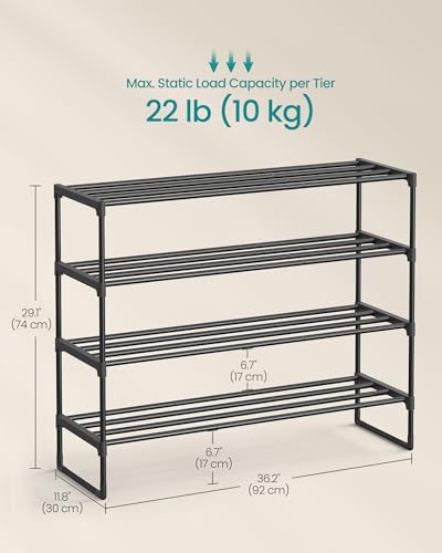 SONGMICS Shoe Rack, 4-Tier Shoe Organizer, Metal Storage Shelf, Upright or Upside Down, for 20-25 Pairs, Stackable, for Entryway, 11.8 x 36.2 x 29.1 Inches, Black ULSA14BK - color: Black, size: 4 Tiers (36.2"W)