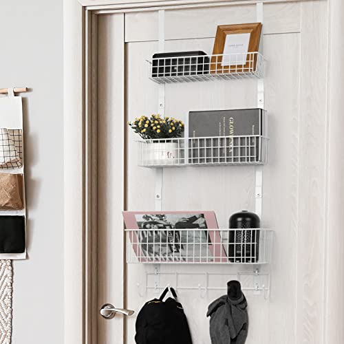 YBING Over The Door Organizer with Hooks Door Hanger Towel Rack with 3 Mesh Baskets Back of Door Hanging Shelf Organizer Behind Door Pantry Organizer for Bathroom Bedroom White - color: White