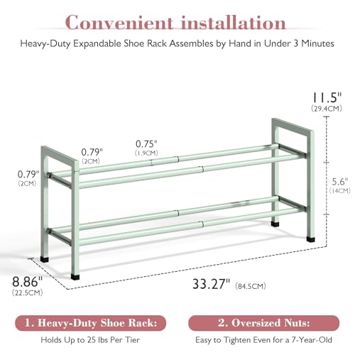 Bumusty 2-Tier Expandable Shoe Rack for Closet, 18“-33” Adjustable Shoe Rack for Small Space, Small Shoe Organizer for Front Door, Sturdy Metal, Green - color: Green, size: 2-Tier