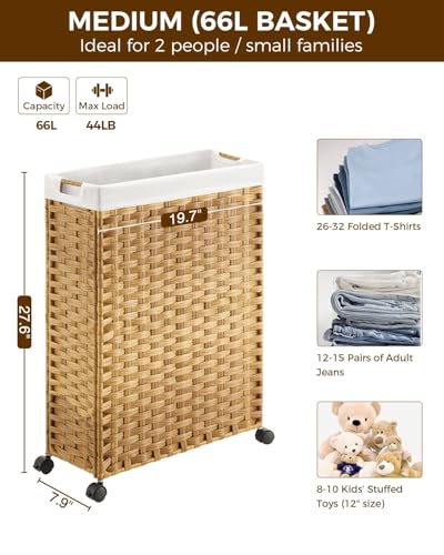 Greenstell Laundry Hamper with Wheels, 17.4 Gallon (66L) Slim Laundry Basket with 2 Removable Liner Bags & 2 Mesh Bags, Narrow Rattan Clothes Hamper for Bedroom, Laundry Room, Bathroom, Natural - color: Natural, size: 66L (19.7 x 7.9 x 27.6 inches)