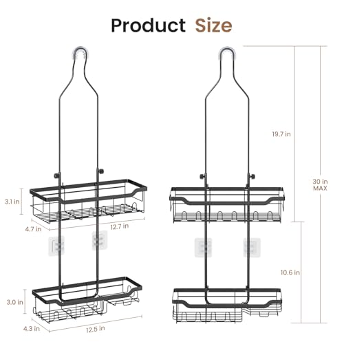 Skyapex Shower Caddy Hanging, Adjustable Height 2-Tier Shower Organizer Over Showerhead, Rust-Resistant Stainless Steel Shower Rack with 15 Hooks, Heavy Duty Anti-Swing Bathroom Storage, Black