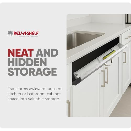 Rev-A-Shelf 30" Tip-Out Plastic Sink Tray for Kitchen and Bathroom Base Cabinets, Large Pullout Vanity Shelf Home Organizer, White, LD-6591-30-11-1 - size: 30.4" x 3.8" x 2.1"