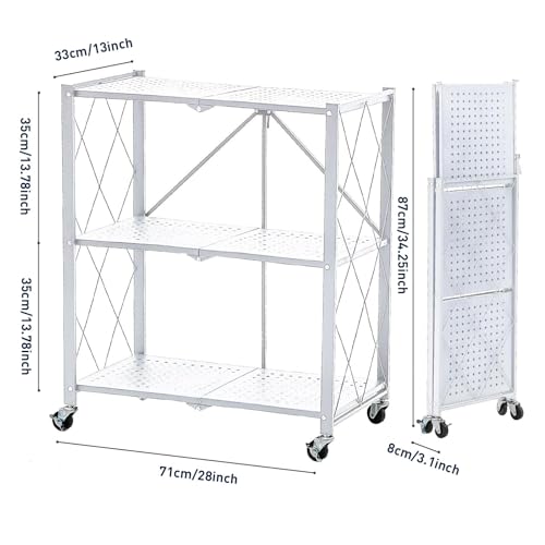 BRIAN & DANY 3-Tier Foldable Storage Shelves with Wheels, No Assembly Folding Shelf Metal Rack, Shelving Unit for Kitchen, Garage, White - color: White, size: 3-tier