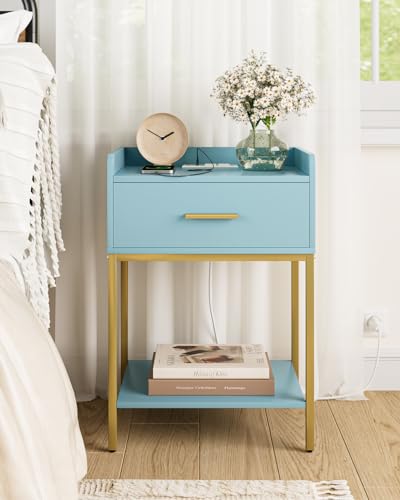 Nightstand with Charging Station,3-Tier Modern Bedside Table Night Stand with Storage Drawer and Open Shelf,Small End Side Table for Bedroom,Living Room,Blue - color: Blue With Charging Station