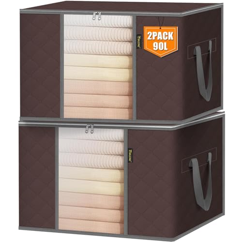 BALEINE 2 Pack Clothes Storage Bags, 24 Gallon Storage Containers with Reinforced Handle, Sturdy Zipper, Closet Organizer for Blanket, Comforter, Pillow, Bedding (Brown, 2 Pack) - color: Brown, size: 2 Pack-24 Gallon