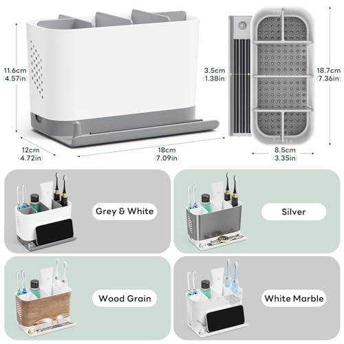 Toothbrush Holders for Bathrooms, Adjustable 6 Slots Electric Toothbrush and Toothpaste Holder, Cord-Friendly Detachable Bathroom Countertop Organizer with Front Ledge for Phone and Ring Holder - color: Grey and White