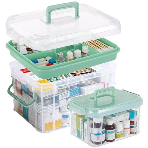 2 Pack Clear Medicine Organizer Box with Handle Thickened Plastic Medicine Cabinet with Tray First Aid Box Empty Multipurpose Medical Container Medication Caddy for Home Travel Dorm