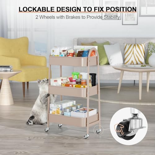 EAGMAK 3 Tier Utility Rolling Cart, Metal Storage Cart with Handle and Lockable Wheels, Multifunctional Storage Organizer Trolley with Mesh Baskets for Kitchen, Living Room, Office, Garage (Beige) - color: Beige, size: Normal