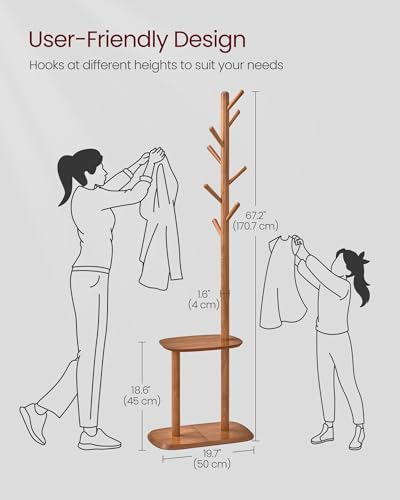 VASAGLE Coat Rack, Free Standing Coat Stand, Hall Coat Tree with 8 Hooks and Storage Shelf, 67.2 Inch Tall, for Coats, Hats, Bags, for Entryway, Hallway, Bedroom, Caramel Brown URCR040K01 - color: Caramel Brown, style: rectangular tray
