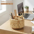 BIBELUN TV Remote Control Holder - Woven Water Hyacinth 360 Degree Rotating Desk Organizer | Boho Rattan Spinning Caddy | Pen/Art Supplies/Stationery Storage for Office, Living Room, Bedside Table