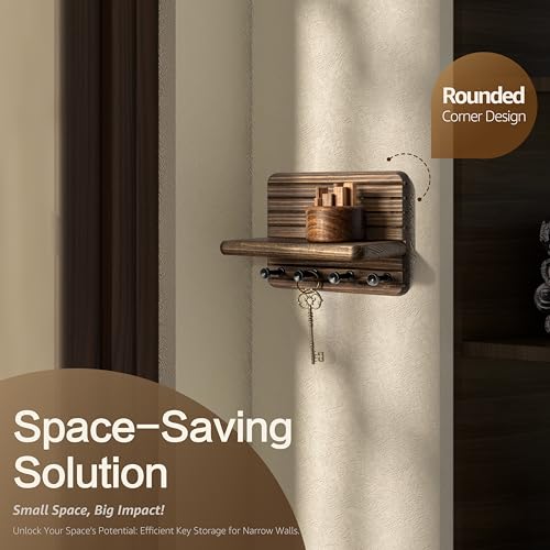 Rebee Vision Small Farmhouse Key Holder Wall Mount for Home Decor – Mini 7-inch Wooden Key Holder for Wall with 4 Hooks & Floating Shelf - Apartment Essentials for a Tidy & Trendy House (Brown) - color: Brown, size: Small-7inch
