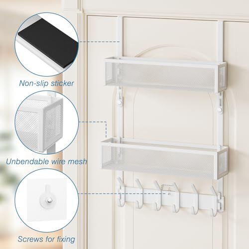 Over The Door Hooks Organizer, Over Door Storage with 12 Coat Hooks and 2 Mesh Basket, Bathroom Door Organizer Towel Rack Back of Door Hanger Organizer for Bedroom, Kitchen(White) - color: White, size: 2 Baskets