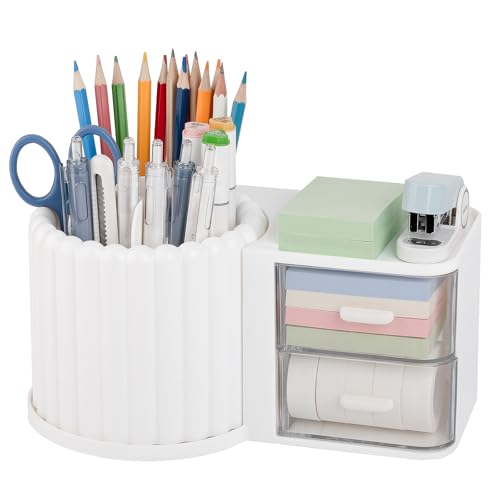Anyoifax 360° Rotating Pen Holder 7 Slots Desk Organizer with Drawer Removable Pencil Cup Plastic Art Supplies and Accessories Desktop Storage Box Caddy for Office, School, Home (White) - style: White+Drawer