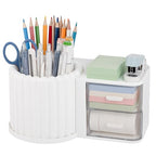 Anyoifax 360° Rotating Pen Holder 7 Slots Desk Organizer with Drawer Removable Pencil Cup Plastic Art Supplies and Accessories Desktop Storage Box Caddy for Office, School, Home (White) - style: White+Drawer