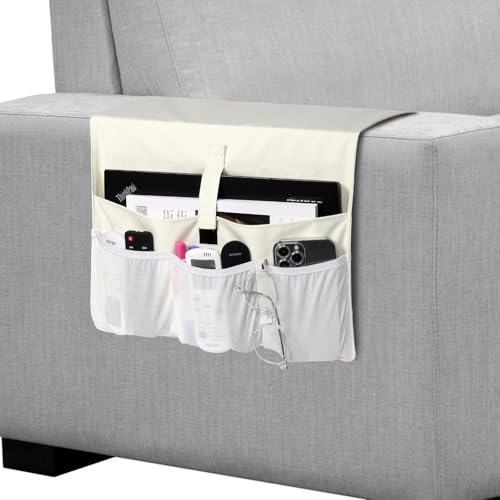 WOMACO Sofa Armrest Remote Magazine Holder, Non-Slip Armchair Recliner Caddy, Couch Arms TV Remote Control Organizer for Tablet, Phone, iPad, Laptop (Ivory, 16" x 35") - color: Ivory, size: 16" x 35"