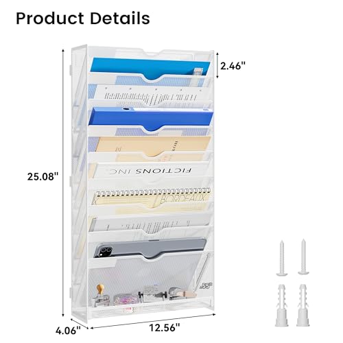 10-Tier Wall Mounted File Organizer, Metal Mesh Paper Holder (White) - color: White