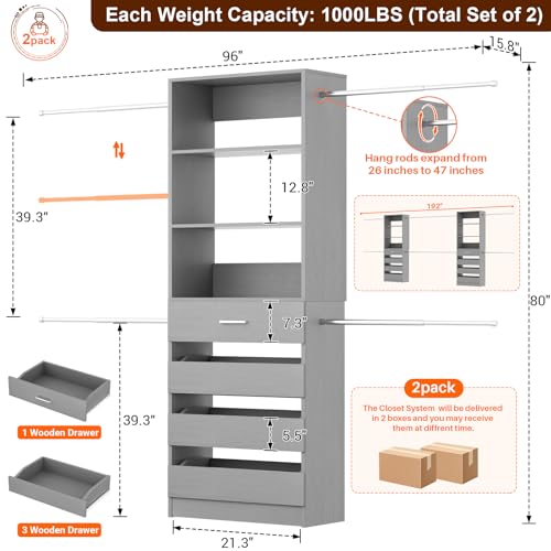 Aheaplus Closet System Set of 2, 4-9Ft Wood Closet Organizer with Drawers & Shelves, Closet Organizer System with 8 Hanging Rods, Walk-in Closets Organizer Wardrobe Closet Rack, Grey - color: Grey-2Sets