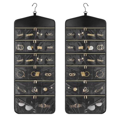 CHICECO Hanging Jewelry Organizer With Zippered Pockets,40 Pockets Travel Jewelry Organizer Storage for Cloest,Wall,Door - color: Black