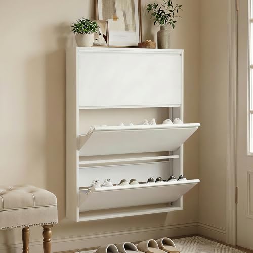 Shoe Cabinet with 3 Flip Drawers, Slim Metal Wall-Mounted Shoe Storage Organizer for Entryway, Hallway, Mudroom, Hidden Narrow Rack, White - style: 3 Flip Drawers