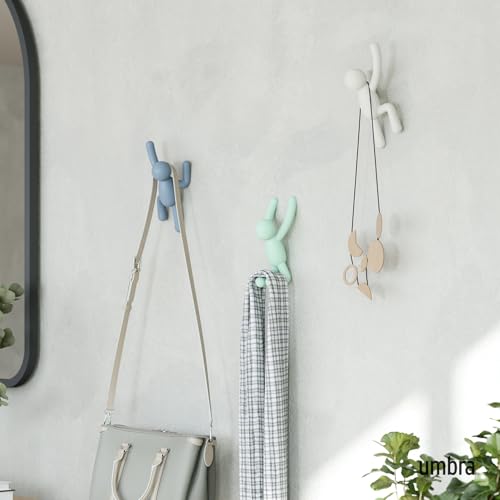 Umbra Buddy Wall Hooks – Decorative Wall Mounted Coat Hooks for Hanging Coats, Scarves, Bags, Purses, Backpacks, Towels and More, Set of 3, White/Grey/Mint - color: White/Mint/Blue