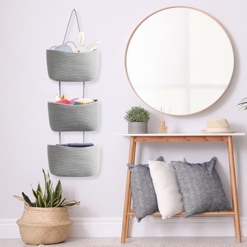 TeoKJ Over the Door Hanging Basket, 3-Tier Woven Cotton Wall-Mounted Storage Organizer Bag Decorative Hanging Nursery Baskets, Gray - color: Gray